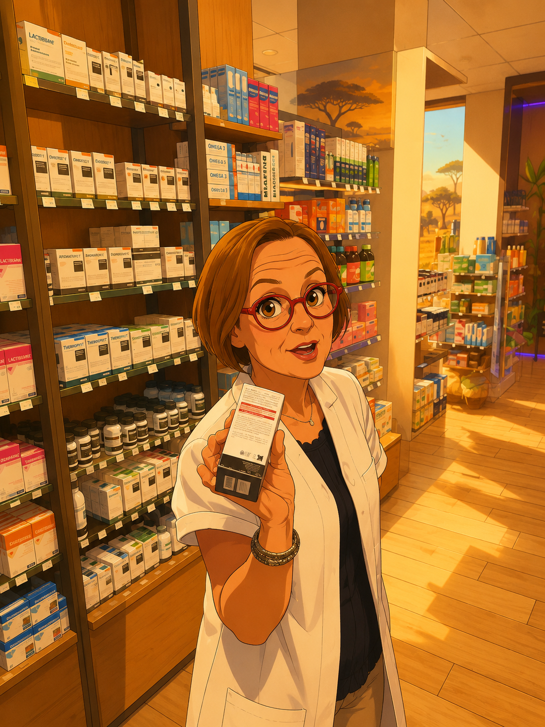 Portrait illustre d'Armelle dans la pharmacie