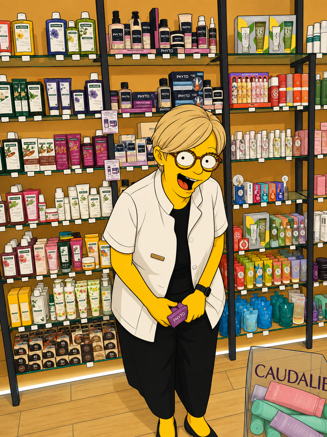 Portrait illustre d'Isabelle dans la pharmacie