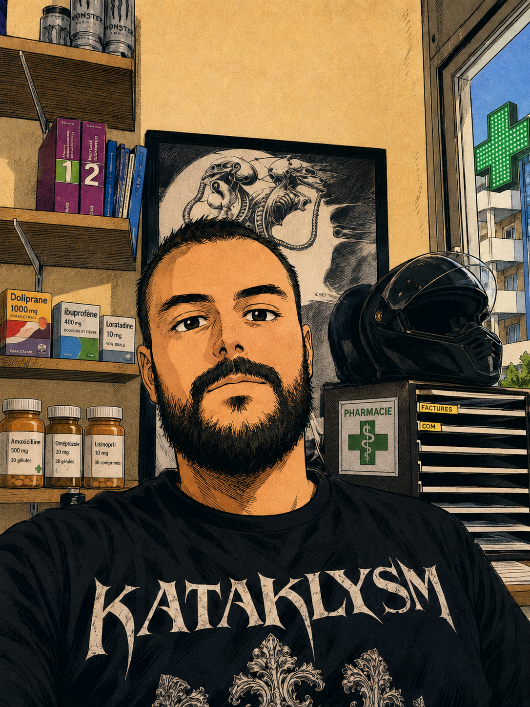 Portrait illustre de Yannick Reynaud dans la pharmacie